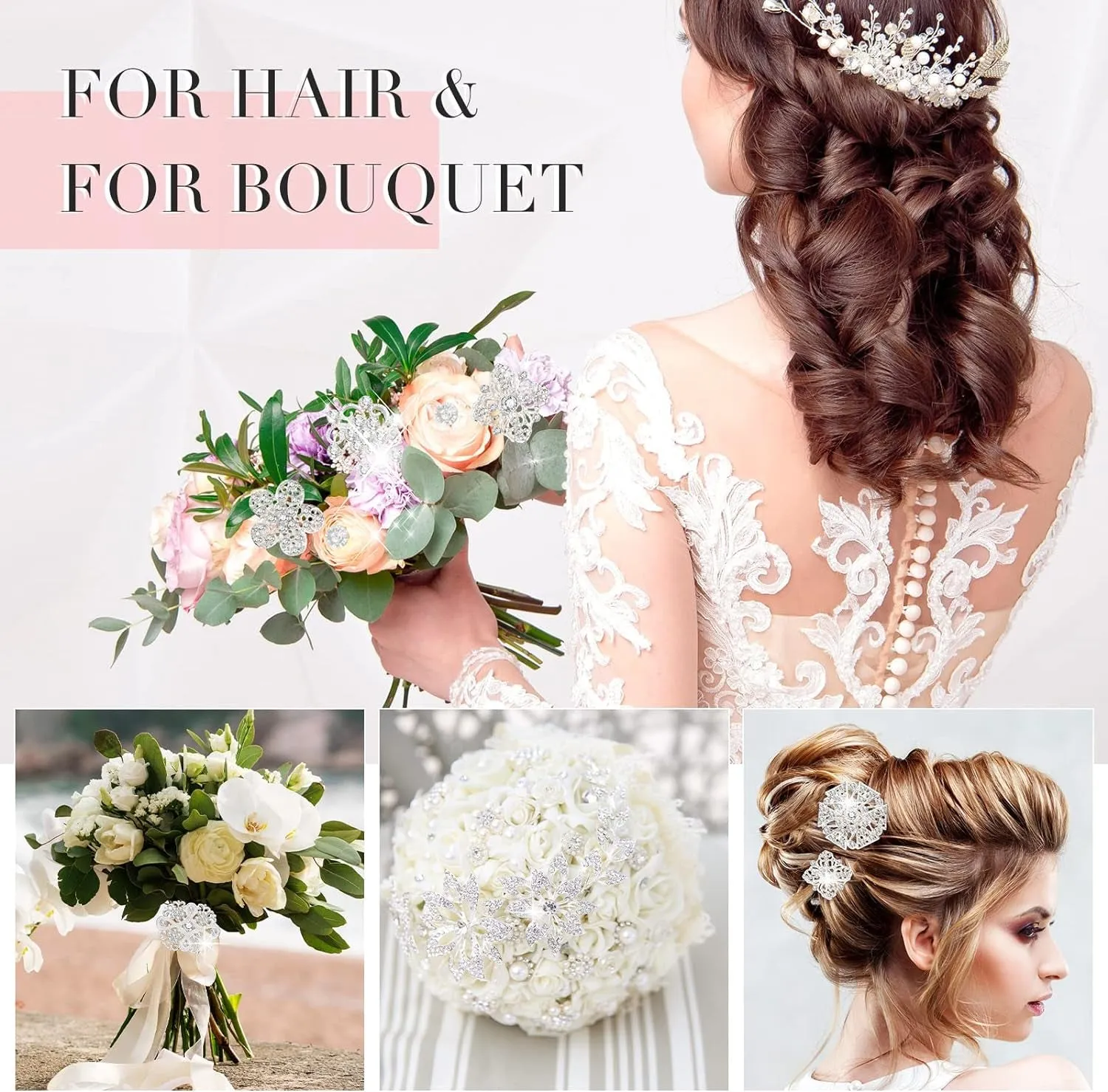 124 Pcs Bouquet Pins Flower Brooch Rhinestone Brooches Diamond for Flowers Crystal Corsage Boutonniere Pin Stick Embellishments Crafting Wedding Decor Supplies(Silver)