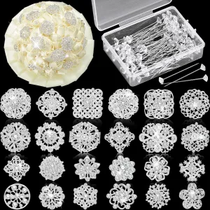124 Pcs Bouquet Pins Flower Brooch Rhinestone Brooches Diamond for Flowers Crystal Corsage Boutonniere Pin Stick Embellishments Crafting Wedding Decor Supplies(Silver)