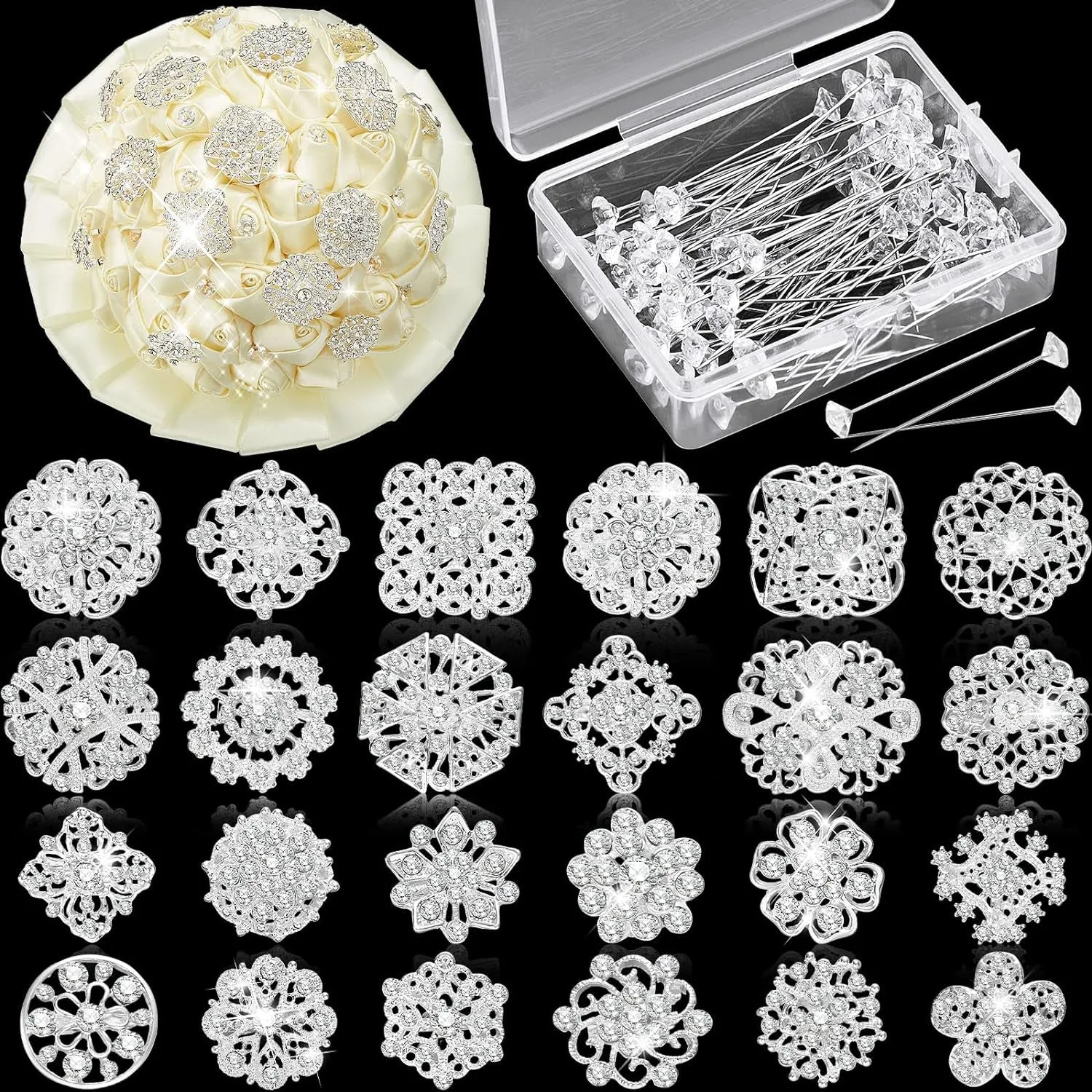 124 Pcs Bouquet Pins Flower Brooch Rhinestone Brooches Diamond for Flowers Crystal Corsage Boutonniere Pin Stick Embellishments Crafting Wedding Decor Supplies(Silver)