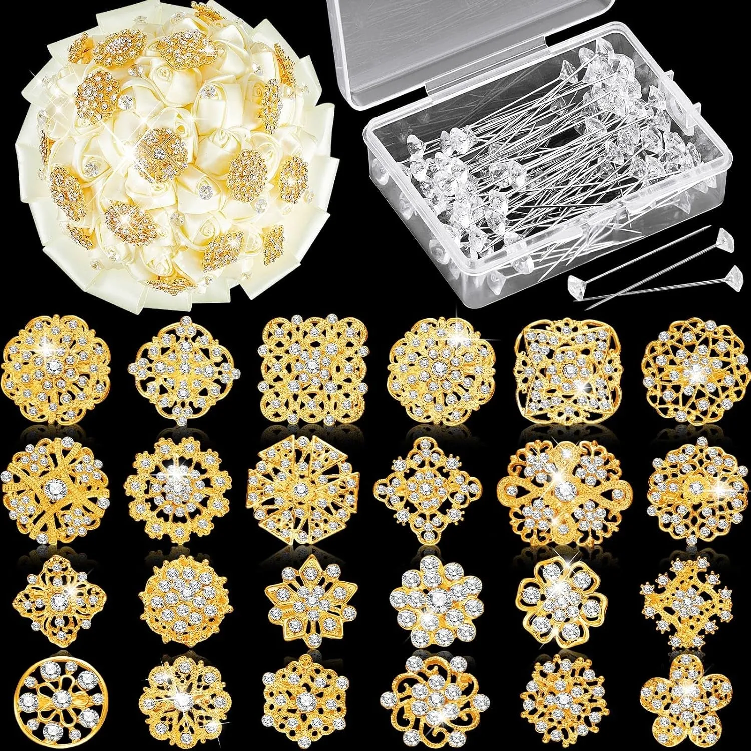 124 Pcs Bouquet Pins Flower Brooch Rhinestone Brooches Diamond for Flowers Crystal Corsage Boutonniere Pin Stick Embellishments Crafting Wedding Decor Supplies(Silver)