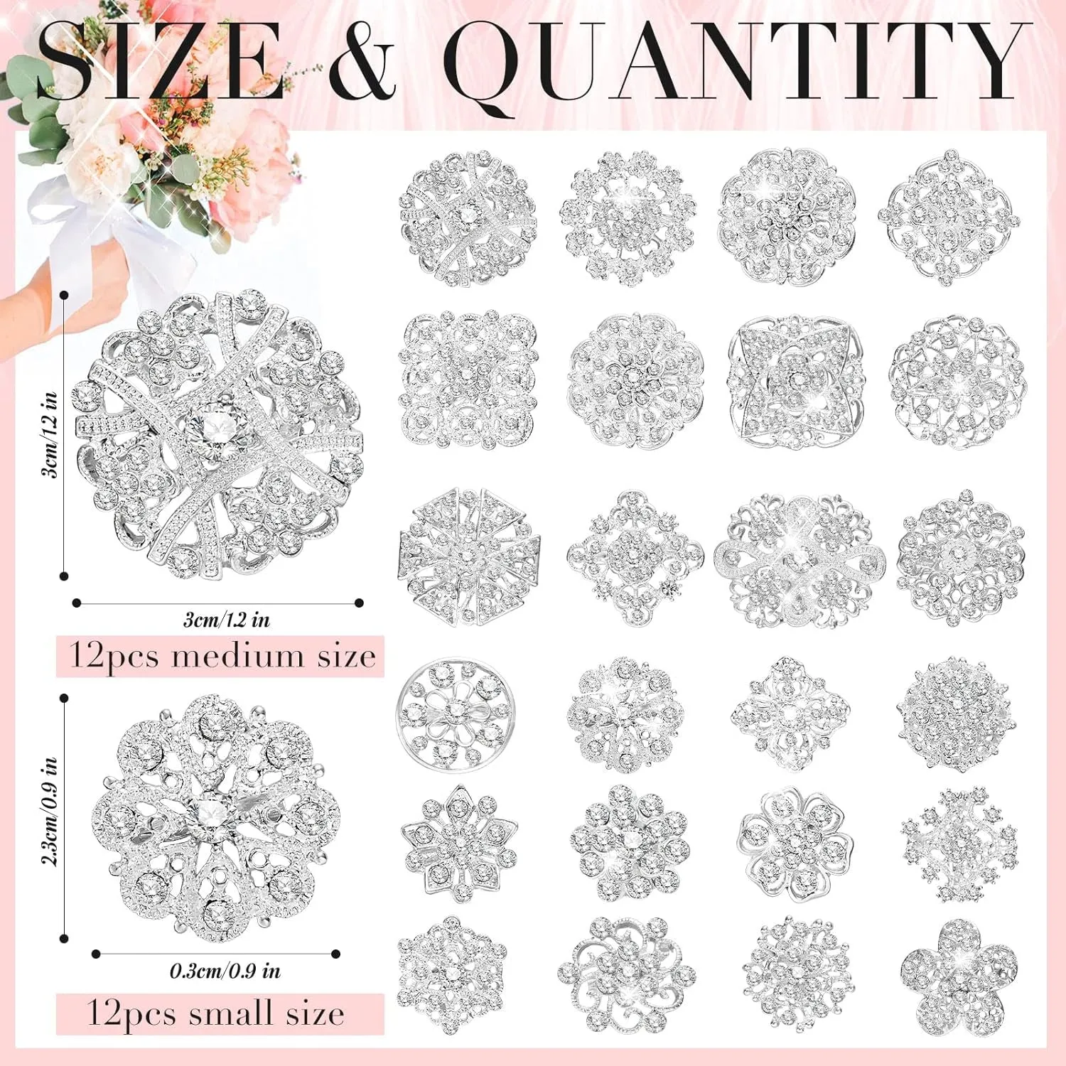 124 Pcs Bouquet Pins Flower Brooch Rhinestone Brooches Diamond for Flowers Crystal Corsage Boutonniere Pin Stick Embellishments Crafting Wedding Decor Supplies(Silver)