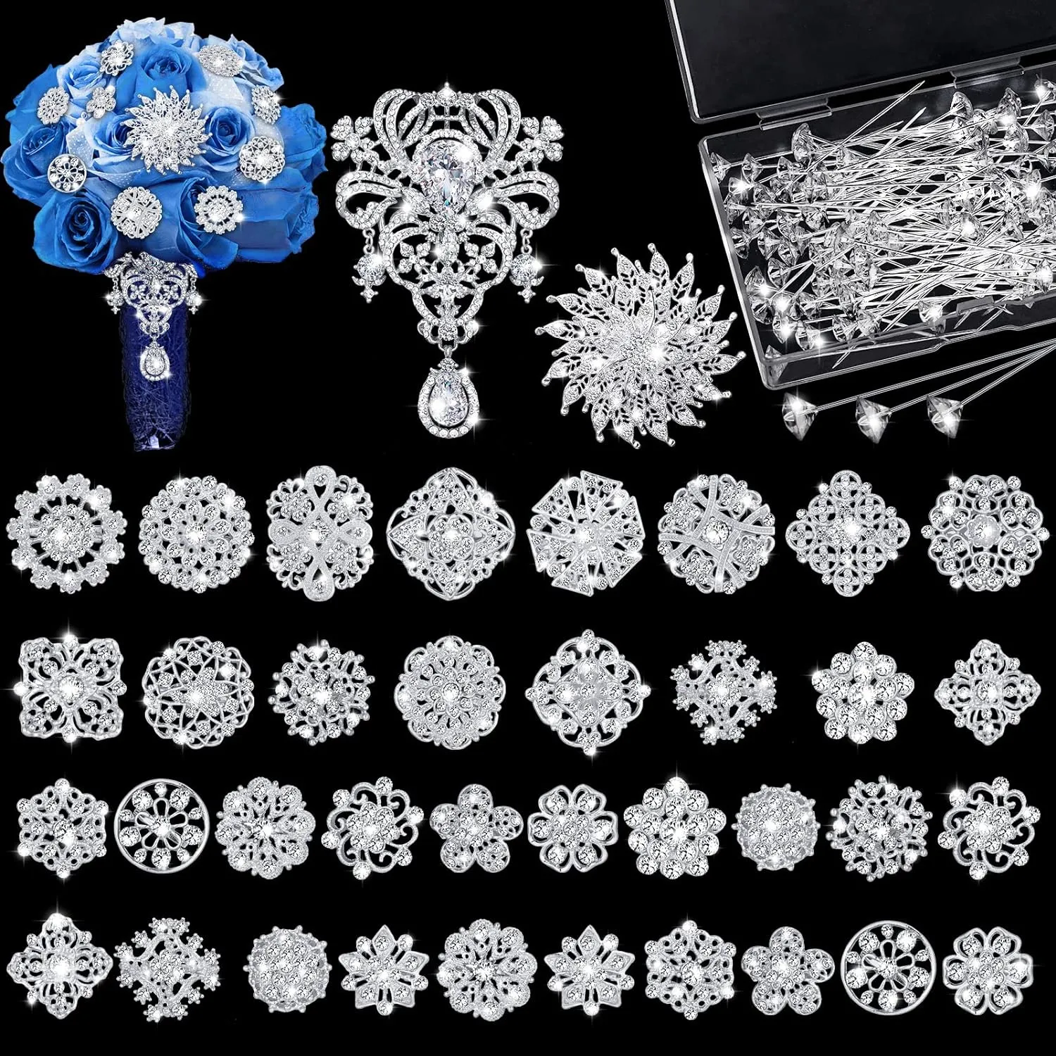 138 Pcs Flower Brooch Bouquet Pins Silver Rhinestone Brooches Diamond Brooch for Flowers Crystal Corsages Flower Straight Head Pins Bulk Christmas Brooches Jewelry Gifts for Crafting Wedding