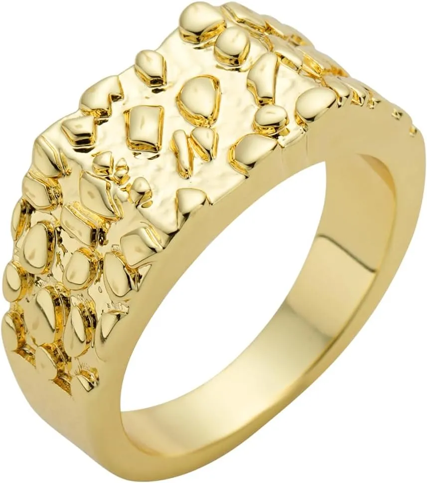 14K Gold Plated Rings For Men,Gold Nugget Rings For Men/Women, Vintage Square Mens Pinky Rings