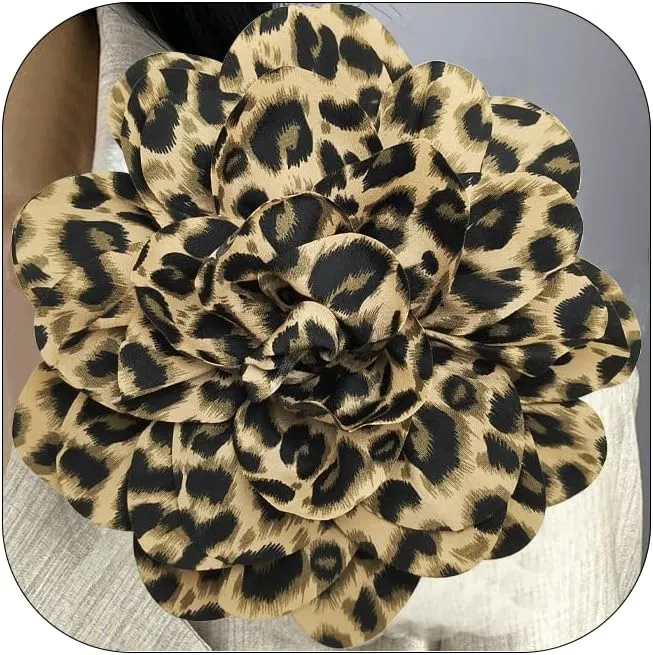 19mm Extra Large Leopard Flower Brooches Lapel Pins Dainty Satin Fabric Brooches Big Camellia Flower Brooch Pin for Women Wedding Part Dance Clothes Accessories Jewelry