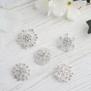 5 Pack Silver Plated Mandala Crystal Rhinestone Brooches - Exquisite Floral Sash Pins for Bouquet Decor