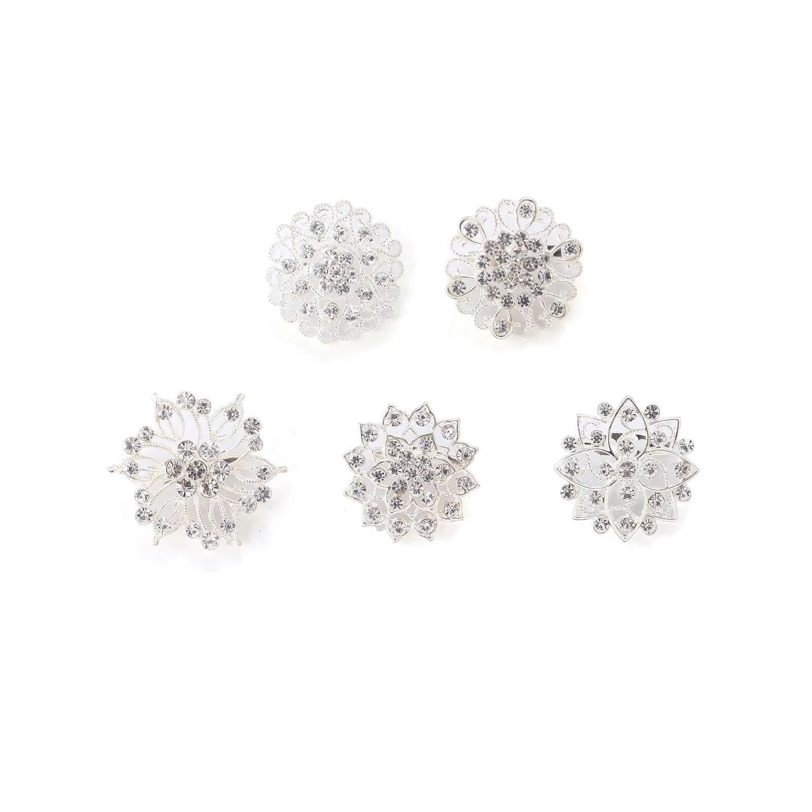 5 Pack Silver Plated Mandala Crystal Rhinestone Brooches - Exquisite Floral Sash Pins for Bouquet Decor