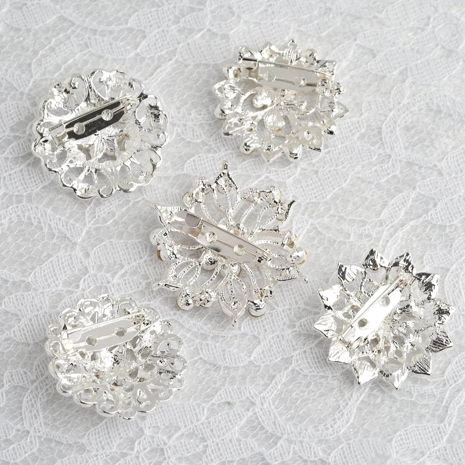 5 Pack Silver Plated Mandala Crystal Rhinestone Brooches - Exquisite Floral Sash Pins for Bouquet Decor