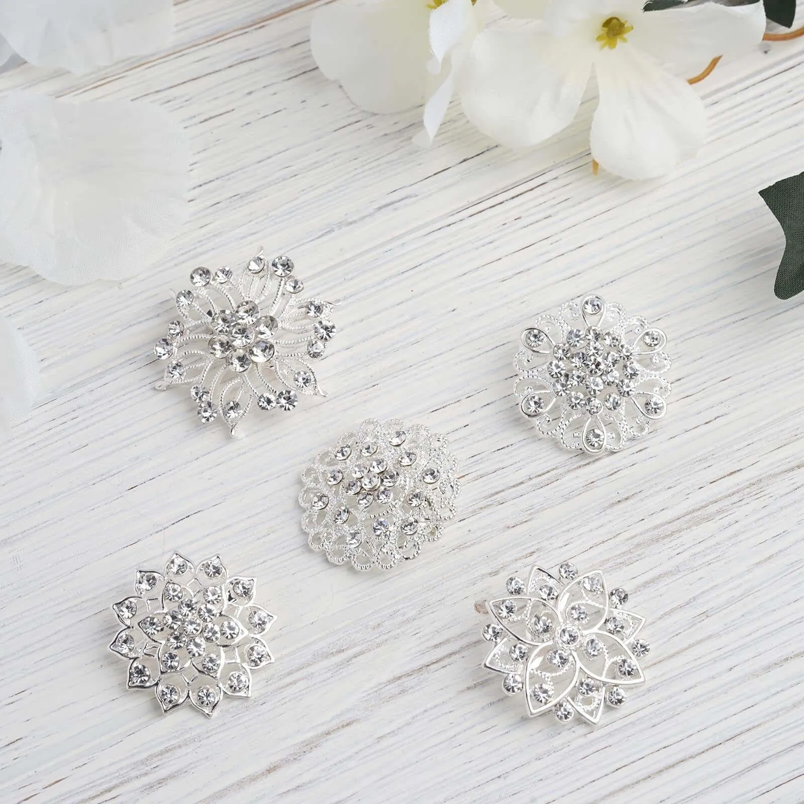 5 Pack Silver Plated Mandala Crystal Rhinestone Brooches - Exquisite Floral Sash Pins for Bouquet Decor