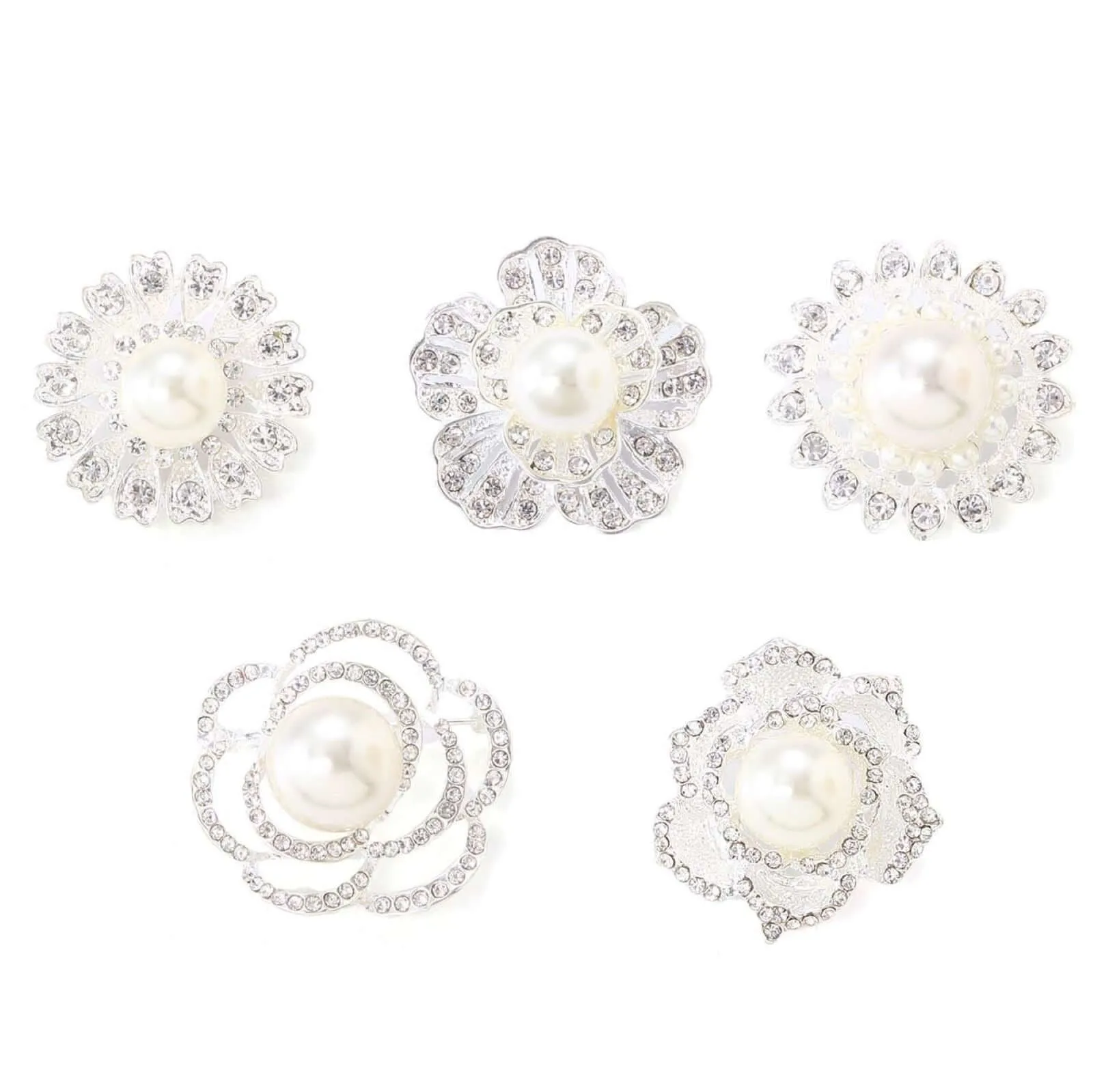 5 Pack Silver Plated Rhinestone Brooches with Pearl Center - Charming Floral Sash Pins for Bouquet Decor