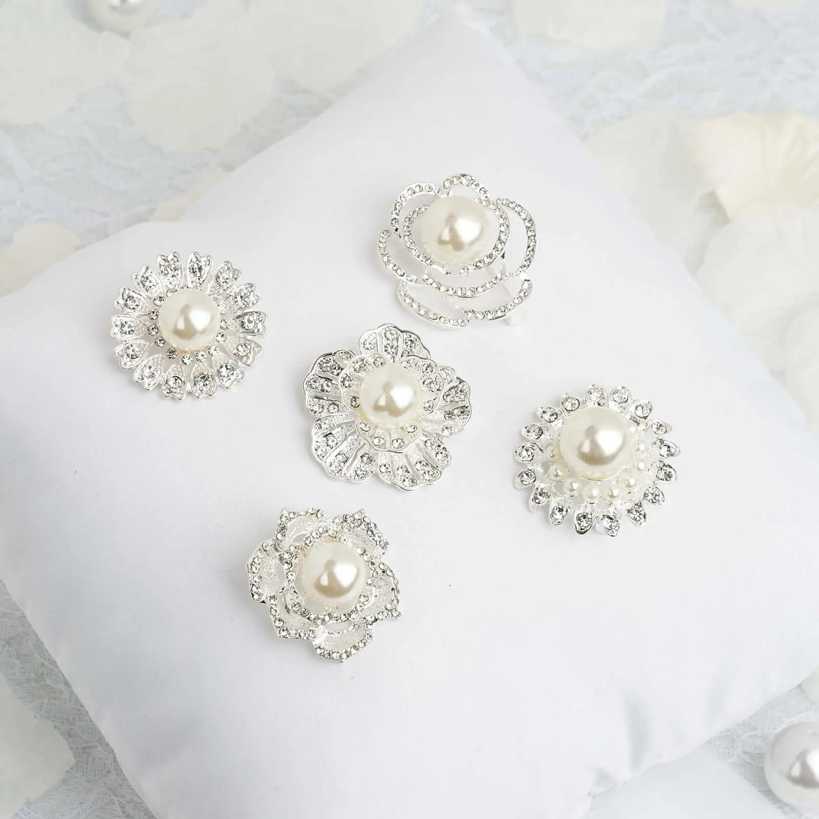 5 Pack Silver Plated Rhinestone Brooches with Pearl Center - Charming Floral Sash Pins for Bouquet Decor
