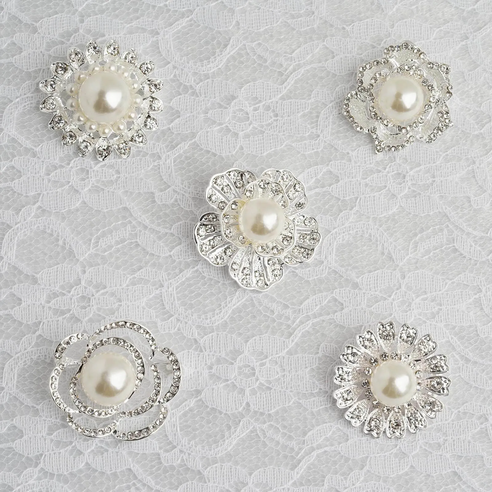 5 Pack Silver Plated Rhinestone Brooches with Pearl Center - Charming Floral Sash Pins for Bouquet Decor