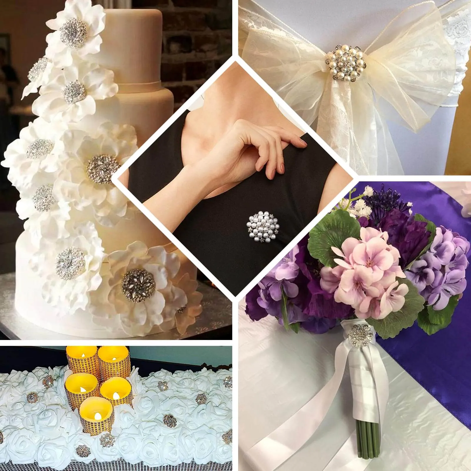 5 Pack Silver Plated Rhinestone Brooches with Pearl Center - Charming Floral Sash Pins for Bouquet Decor