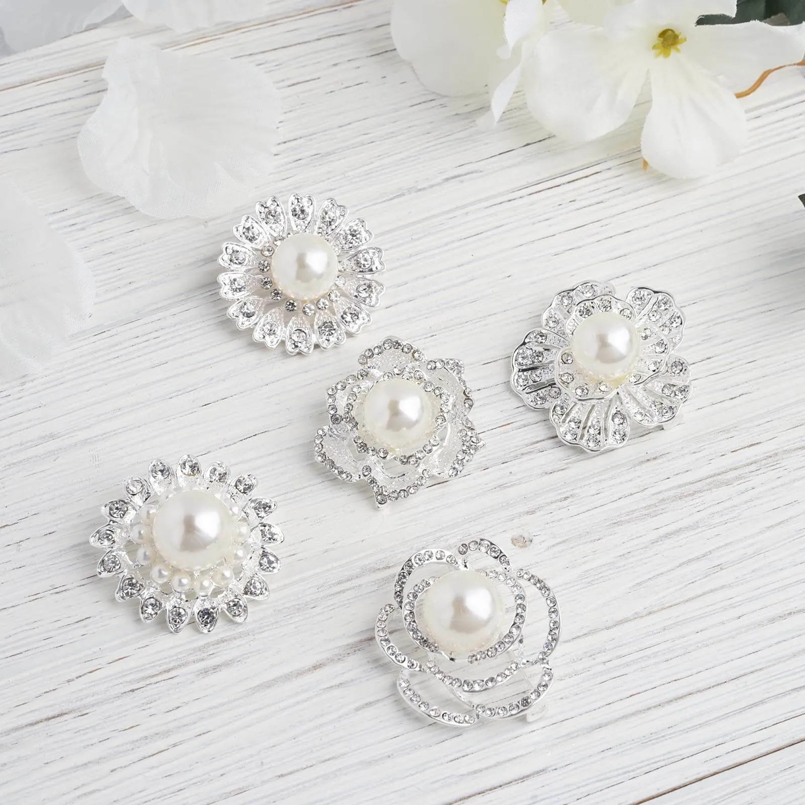 5 Pack Silver Plated Rhinestone Brooches with Pearl Center - Charming Floral Sash Pins for Bouquet Decor