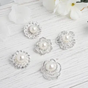 5 Pack Silver Plated Rhinestone Brooches with Pearl Center - Charming Floral Sash Pins for Bouquet Decor