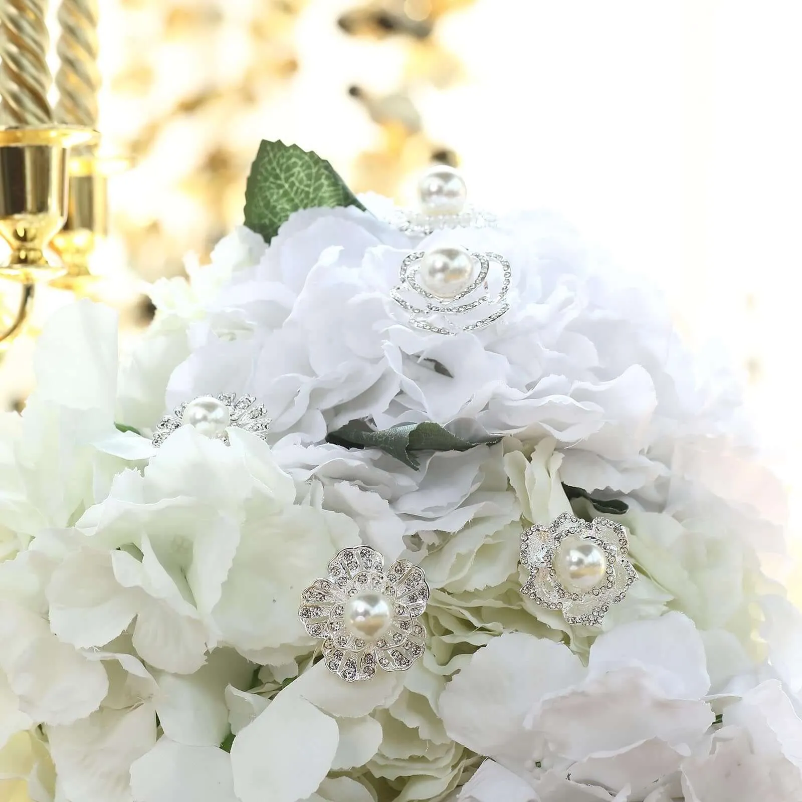 5 Pack Silver Plated Rhinestone Brooches with Pearl Center - Charming Floral Sash Pins for Bouquet Decor