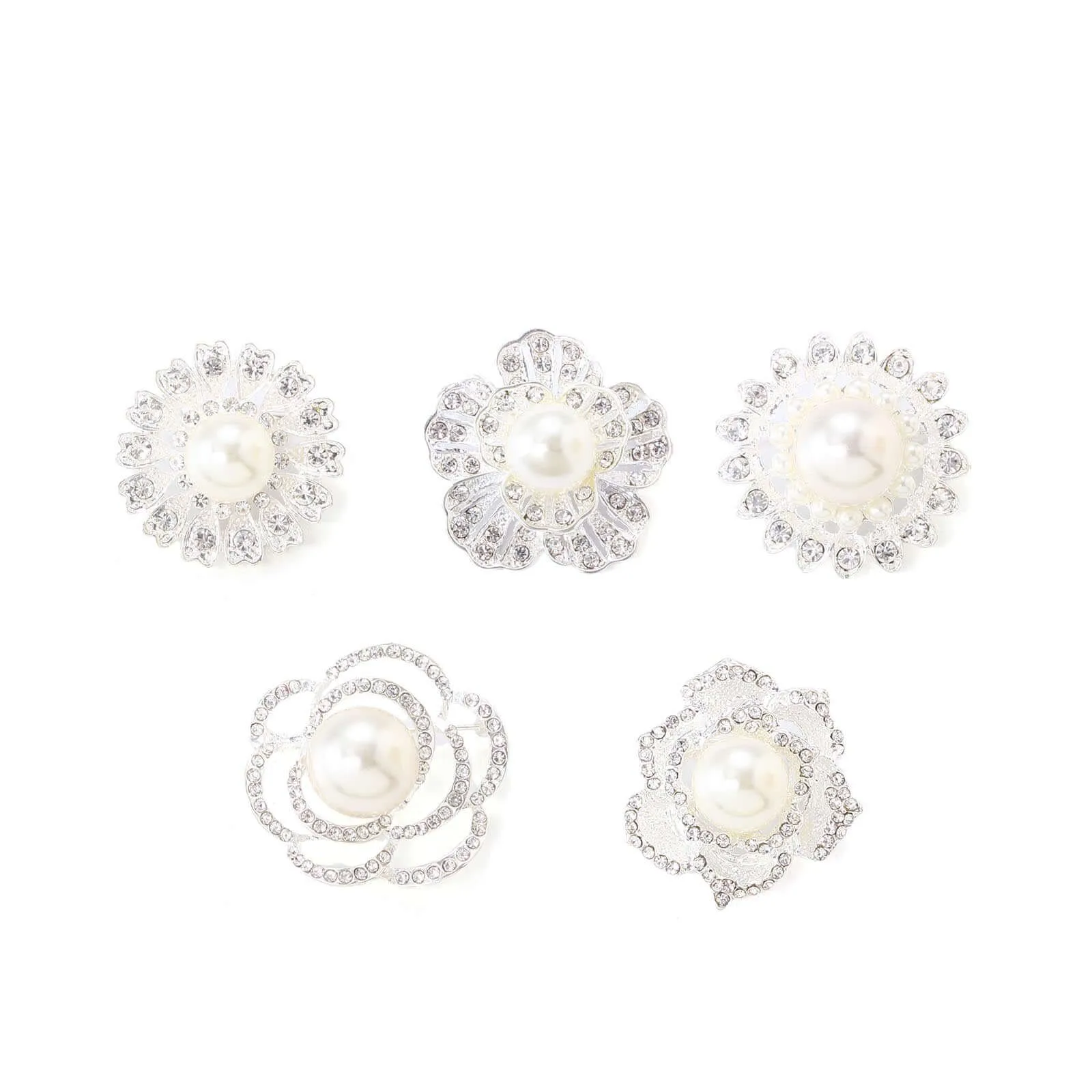 5 Pack Silver Plated Rhinestone Brooches with Pearl Center - Charming Floral Sash Pins for Bouquet Decor