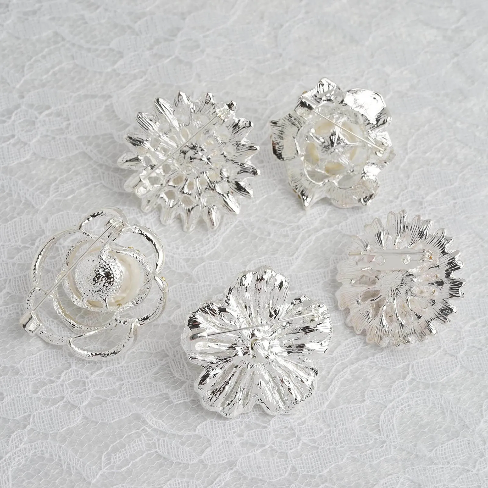 5 Pack Silver Plated Rhinestone Brooches with Pearl Center - Charming Floral Sash Pins for Bouquet Decor