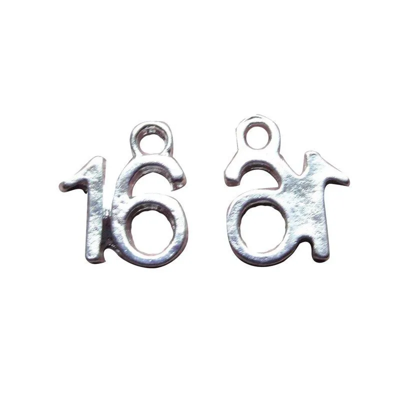 5 Pcs Silver Plated Number Sixteen '16' 13X10mm Charms Pendants