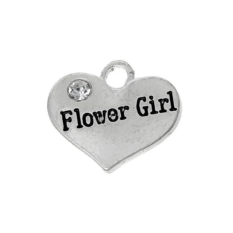 5 Pcs Tibetan Silver and Rhinestone Flower Girl Heart 14X16mm 3D Charms Pendants