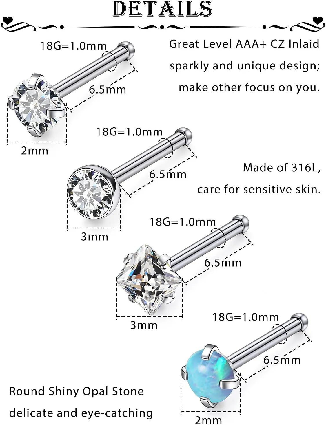 6 Pcs 18G 20G Surgical Steel Nose Rings Studs for Women Opal Nose Rings Diamond CZ Nose Studs L Shaped Nose Nostril Piercing Jewelry Hypoallergenic