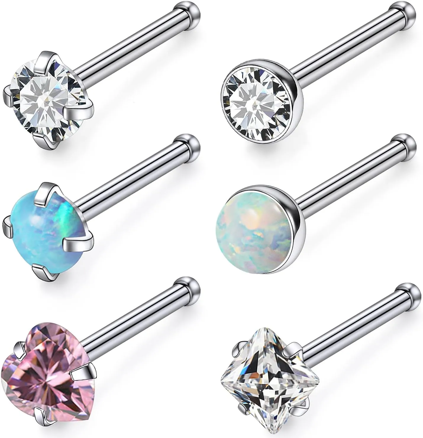 6 Pcs 18G 20G Surgical Steel Nose Rings Studs for Women Opal Nose Rings Diamond CZ Nose Studs L Shaped Nose Nostril Piercing Jewelry Hypoallergenic