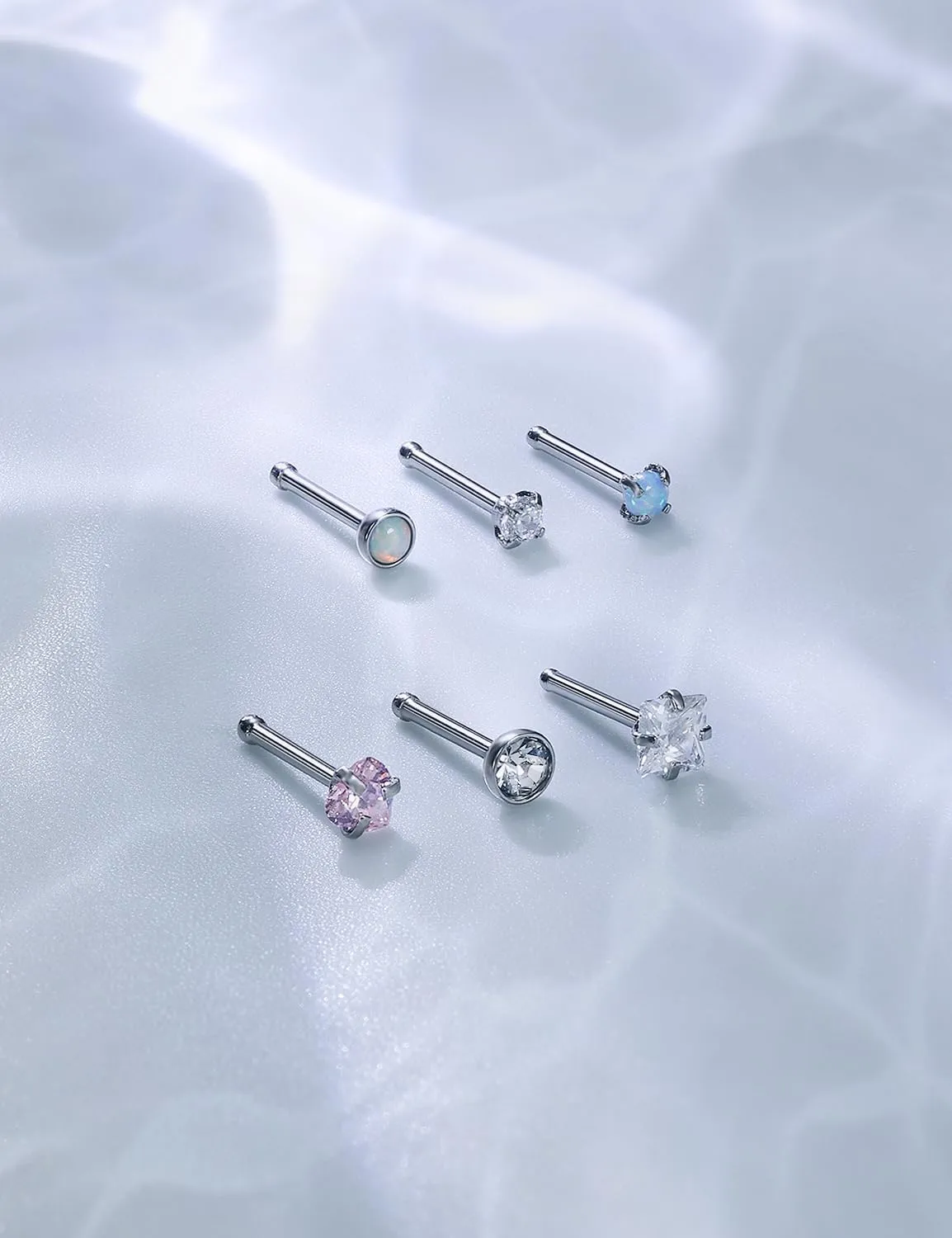 6 Pcs 18G 20G Surgical Steel Nose Rings Studs for Women Opal Nose Rings Diamond CZ Nose Studs L Shaped Nose Nostril Piercing Jewelry Hypoallergenic