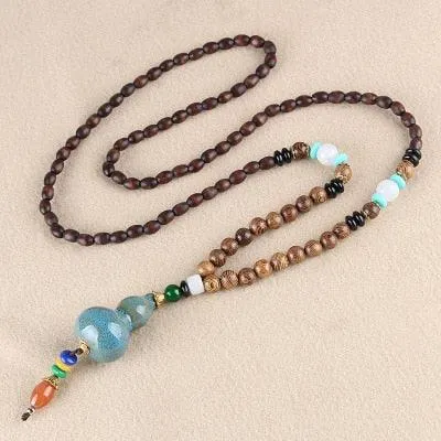 Boho Buddhist Wood Pendant Necklace