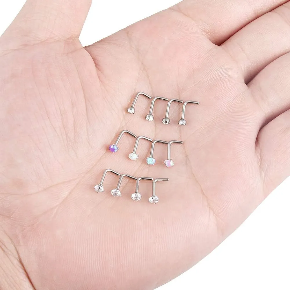 Cisyozi 18G 20G 22G Nose Rings Studs Surgical Steel Nose Stud Set 1.5mm 2mm 2.5mm 3mm Diamond Cubic Zirconia Opal Screw L Shaped Straight Nose Piercing Jewelry for Women Men