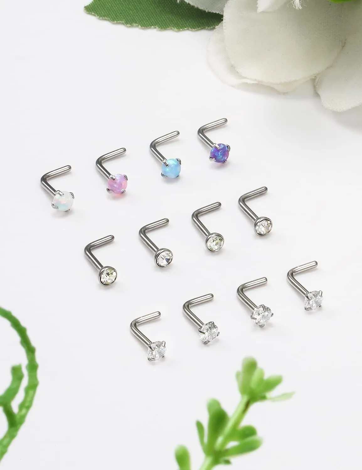Cisyozi 18G 20G 22G Nose Rings Studs Surgical Steel Nose Stud Set 1.5mm 2mm 2.5mm 3mm Diamond Cubic Zirconia Opal Screw L Shaped Straight Nose Piercing Jewelry for Women Men