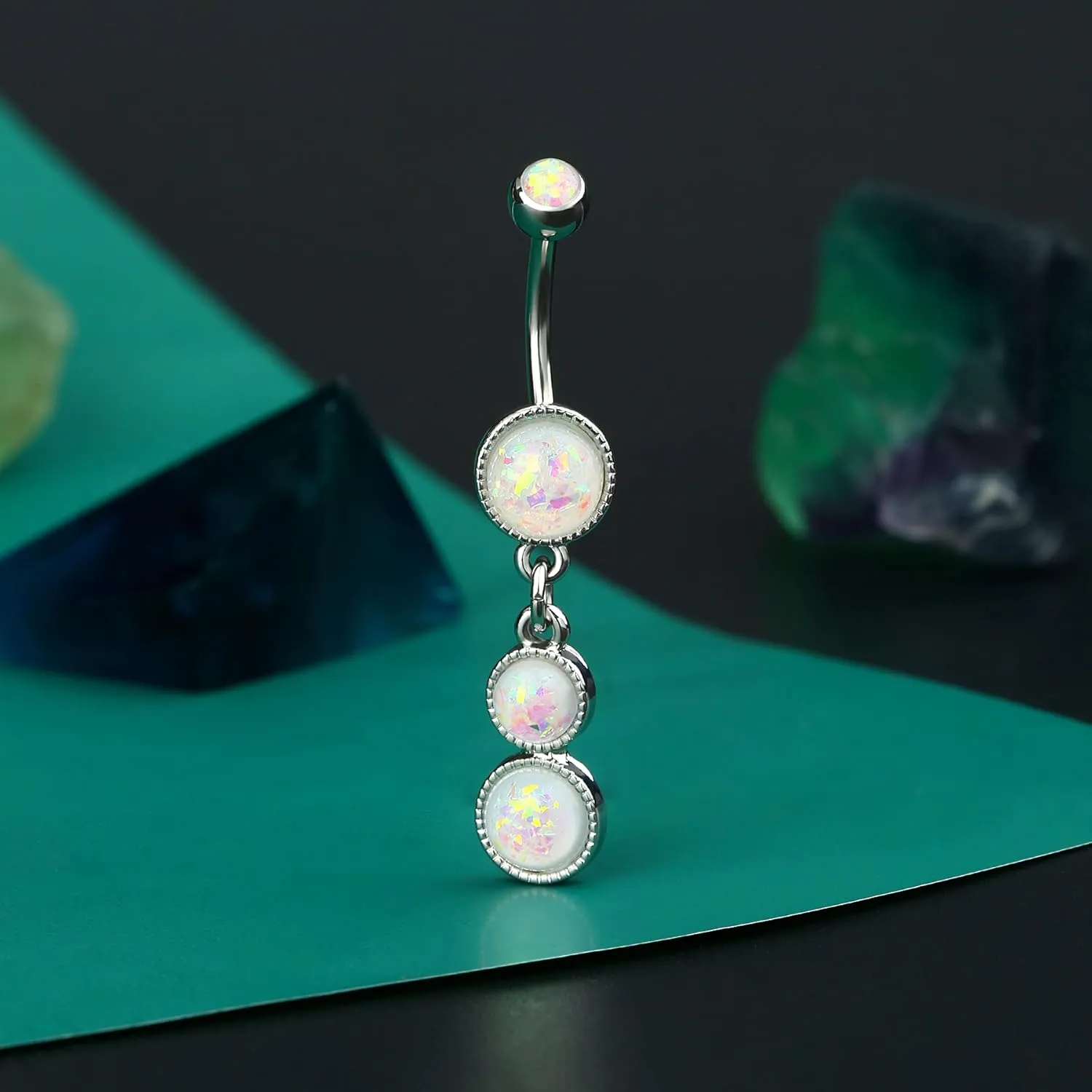COCHARM Cute Dangly Opal Belly Button Rings 14g 316L Stainless Steel Dangle Navel Rings for Women Belly Button Piercing Dangling Navel Bar