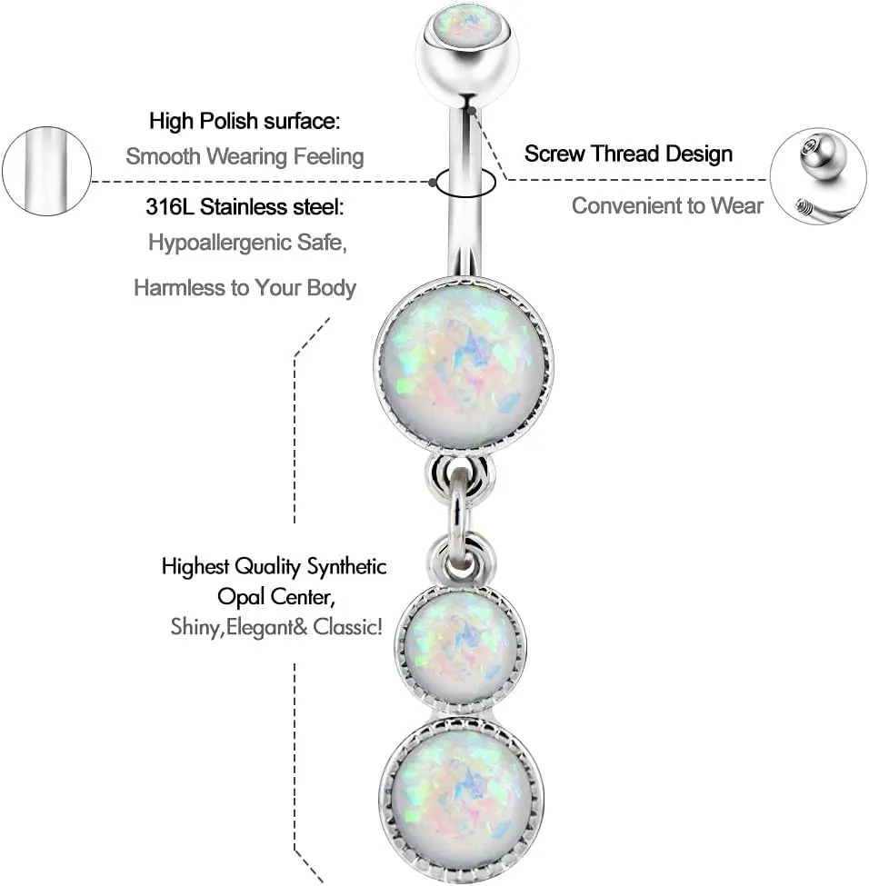 COCHARM Cute Dangly Opal Belly Button Rings 14g 316L Stainless Steel Dangle Navel Rings for Women Belly Button Piercing Dangling Navel Bar