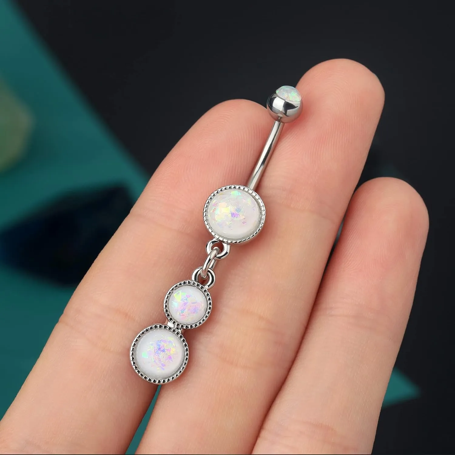 COCHARM Cute Dangly Opal Belly Button Rings 14g 316L Stainless Steel Dangle Navel Rings for Women Belly Button Piercing Dangling Navel Bar