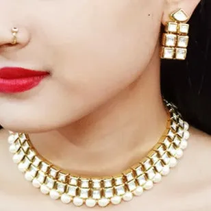 Designer Gold Plated Two Layer Royal Kundan & Pearl Necklace with Earrings (D257)