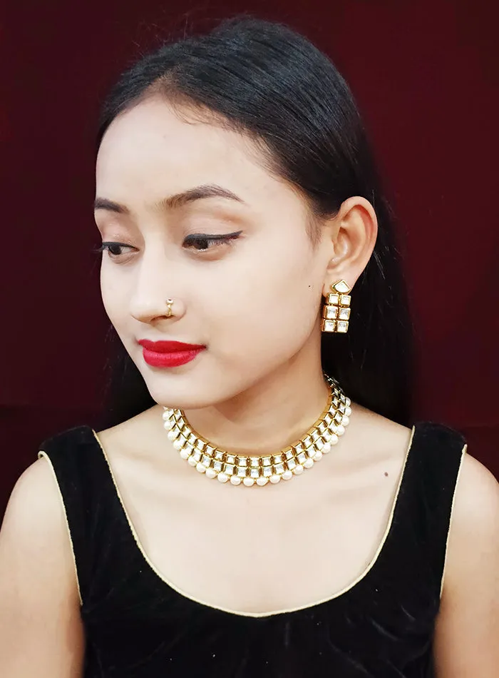Designer Gold Plated Two Layer Royal Kundan & Pearl Necklace with Earrings (D257)