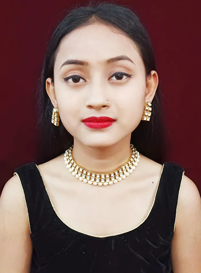 Designer Gold Plated Two Layer Royal Kundan & Pearl Necklace with Earrings (D257)