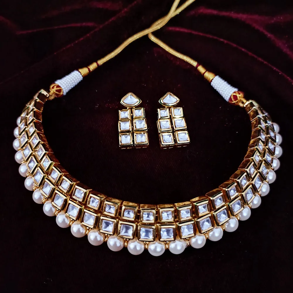 Designer Gold Plated Two Layer Royal Kundan & Pearl Necklace with Earrings (D257)