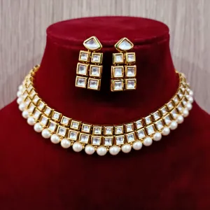 Designer Gold Plated Two Layer Royal Kundan & Pearl Necklace with Earrings (D257)