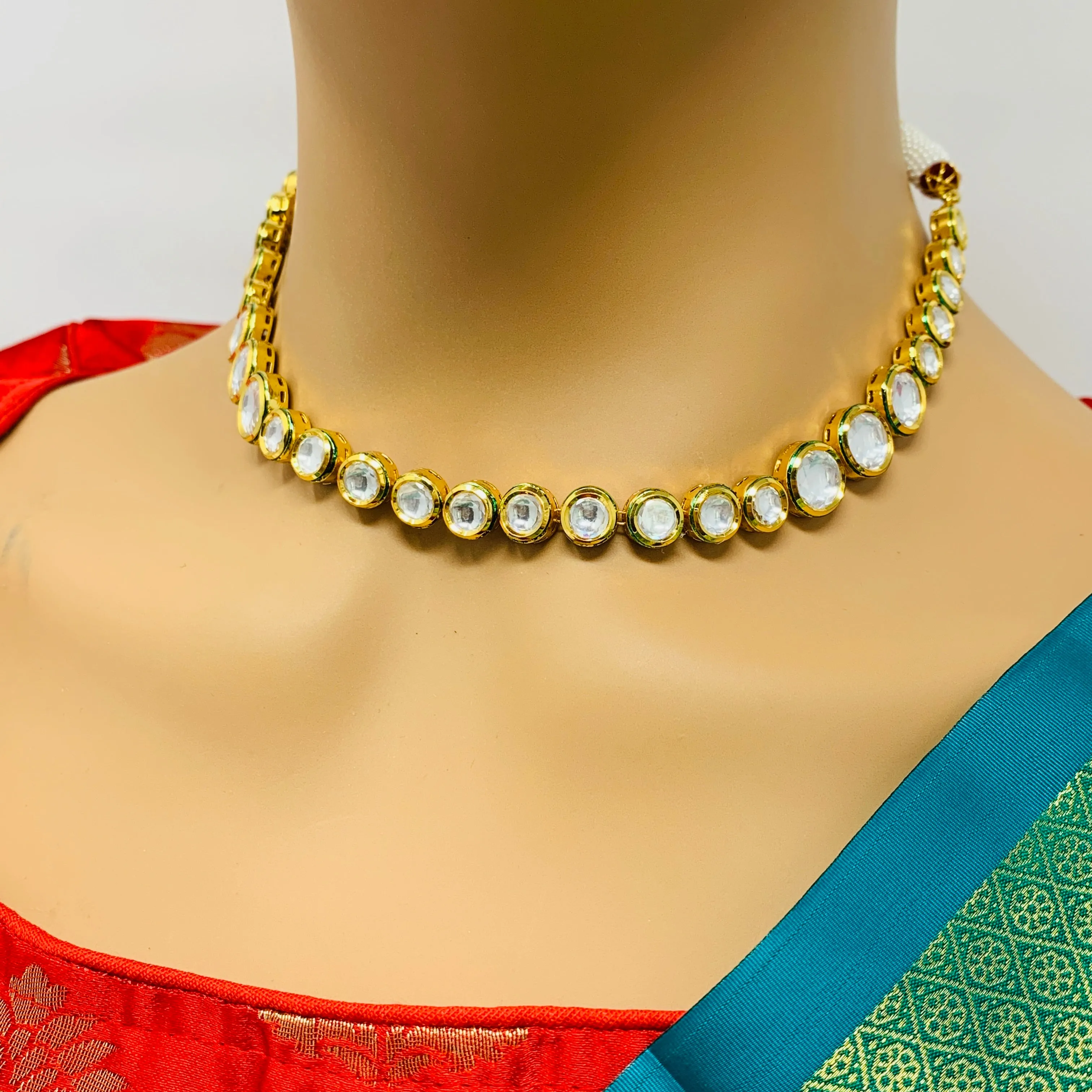 Designer Single Layer White Kundan Necklace with Earrings (D201)