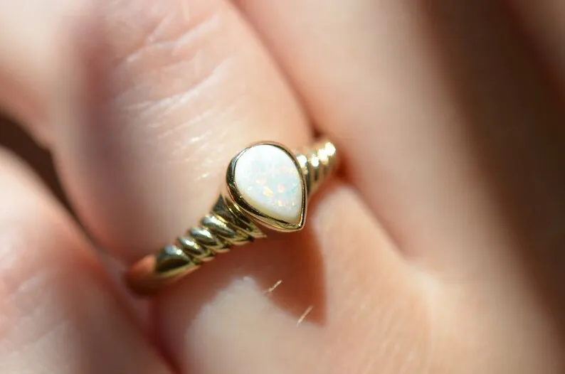 Ethiopian White Opal Teardrop Bezel Set Vintage Ring For Women  - 14k Gold Vermeil  Ring