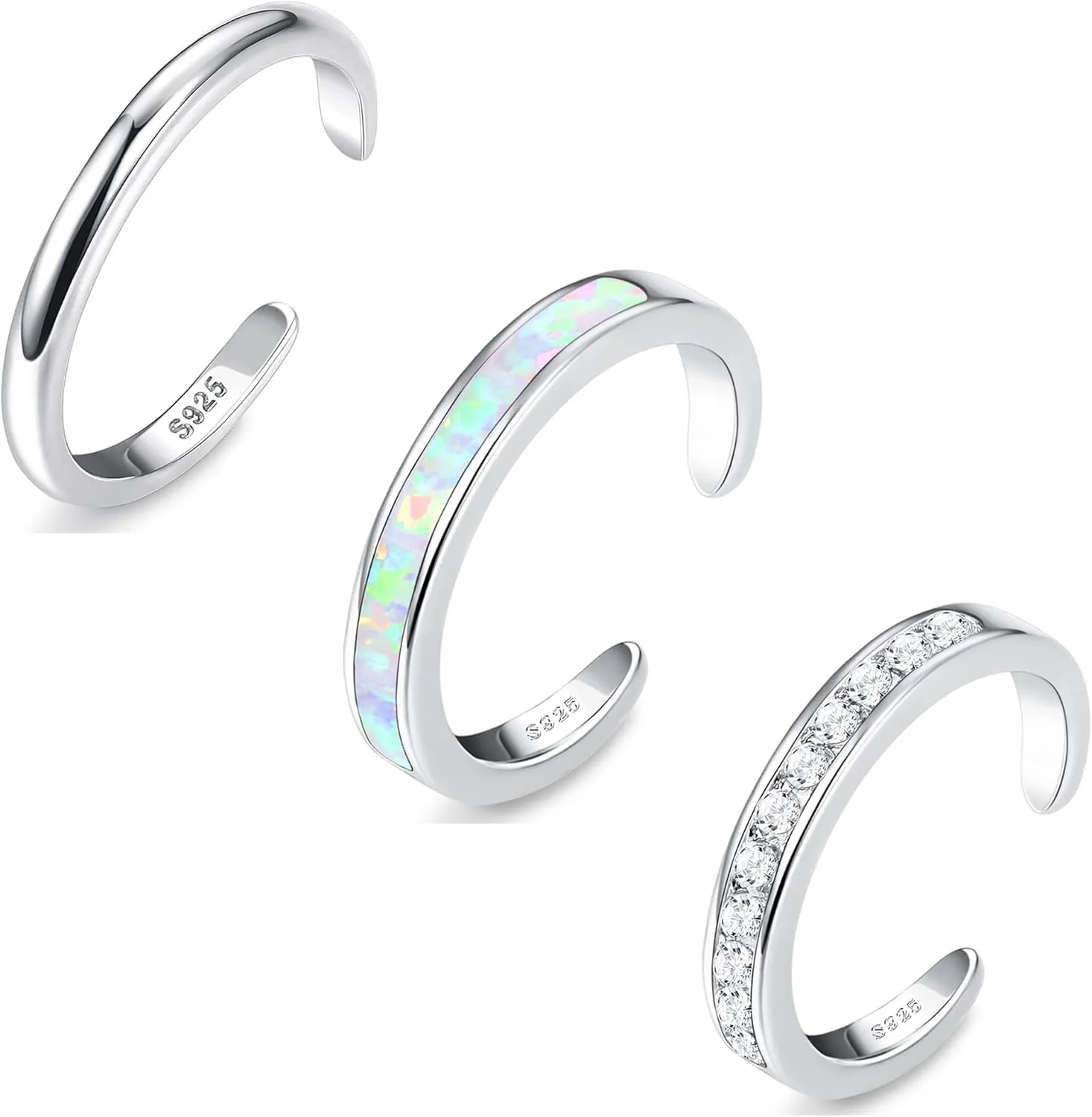 FASACCO Sterling Silver Toe Rings for Women - CZ Band Opal Rings, Adjustable, Summer Beach Open Toe Foot Jewelry