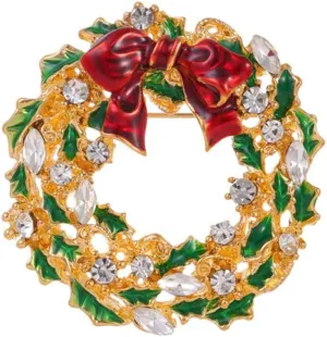 Gold Tone Wreath Bow Red Green Enamel Rhinestones Christmas Ornament Brooch Lapel Pins for Women Girls Cute Ribbon Crystal Decoration Round Brooches Pin for Suit Dress Xmas Festival Party Gifts