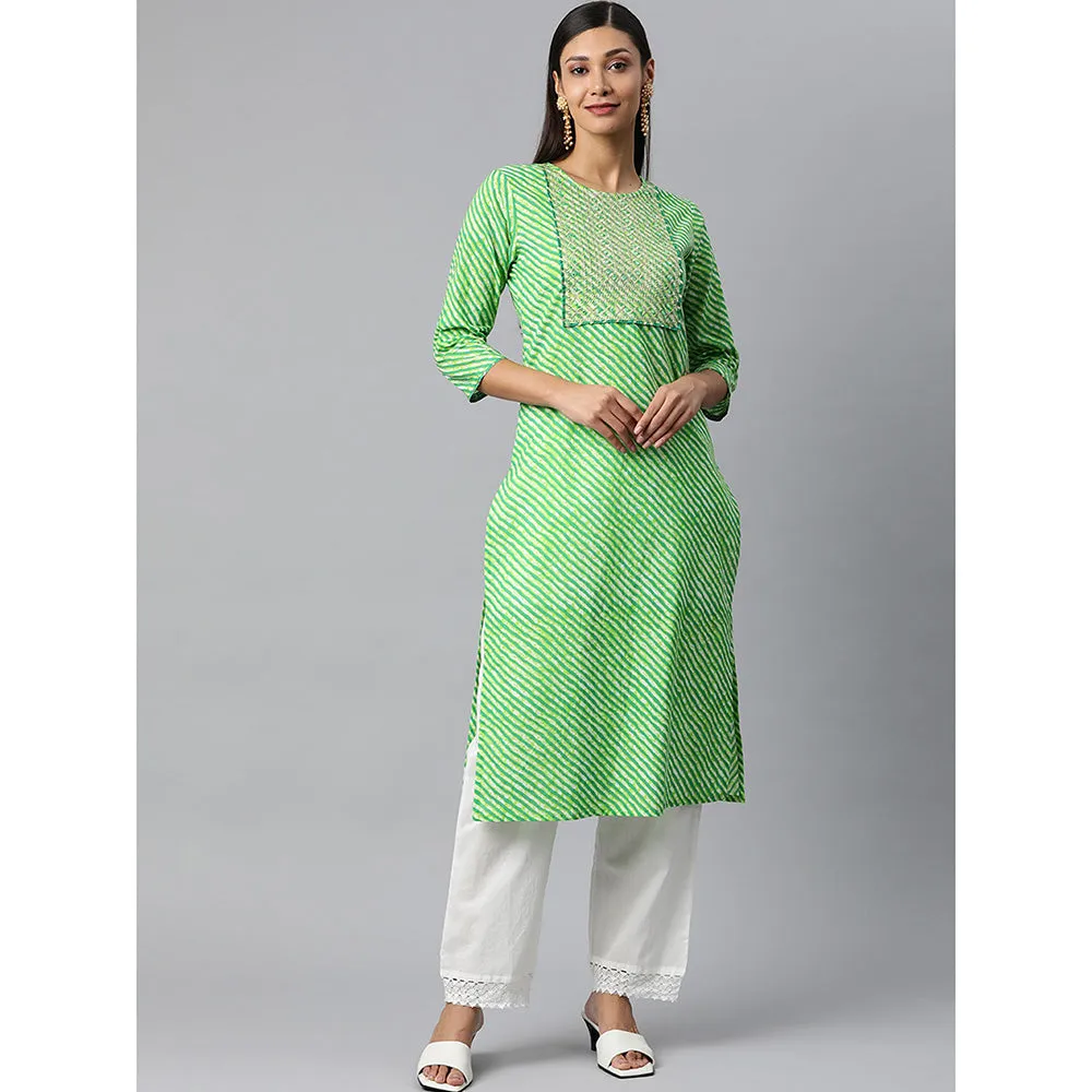 Hatheli Women Green Leheriya Embroidered Kurta