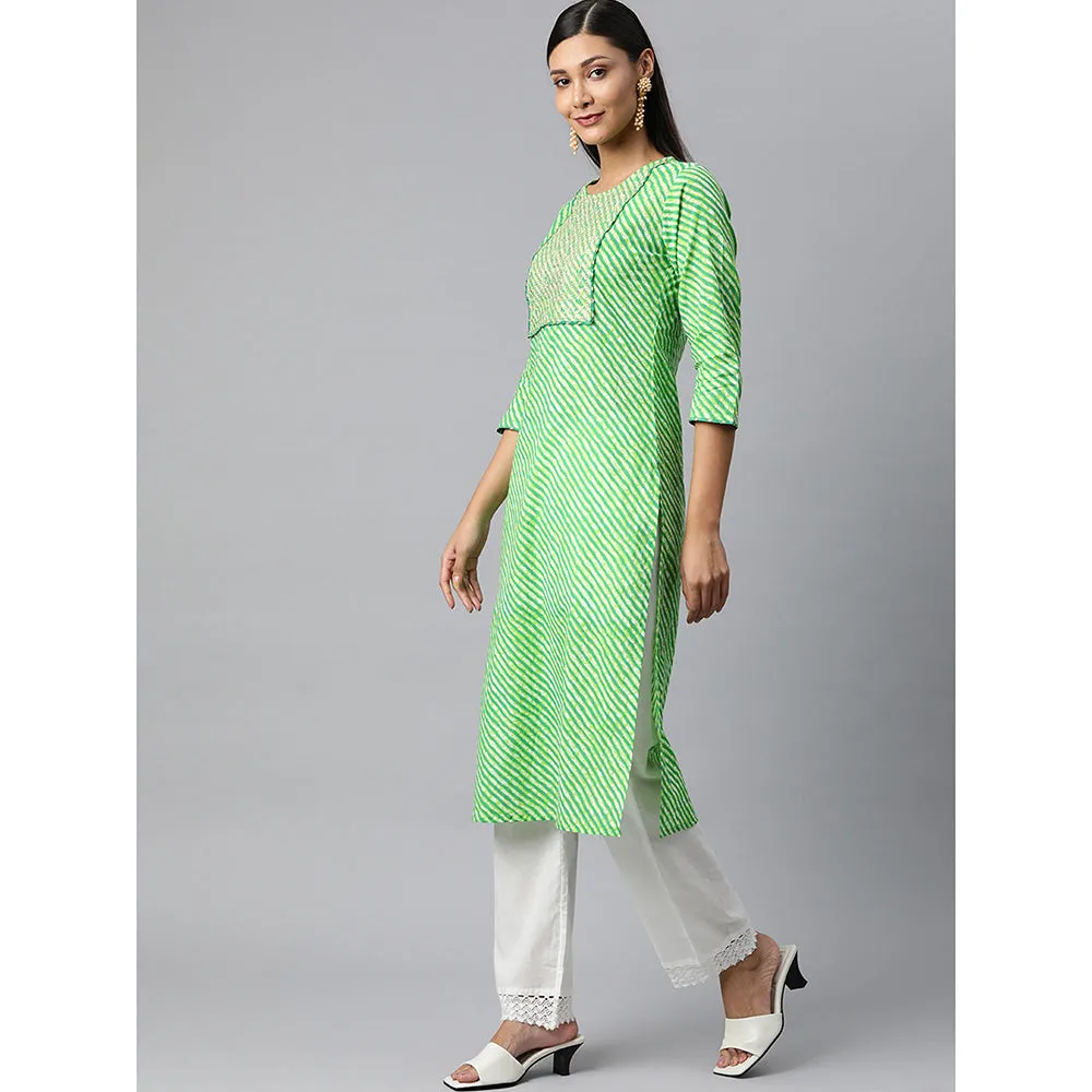 Hatheli Women Green Leheriya Embroidered Kurta