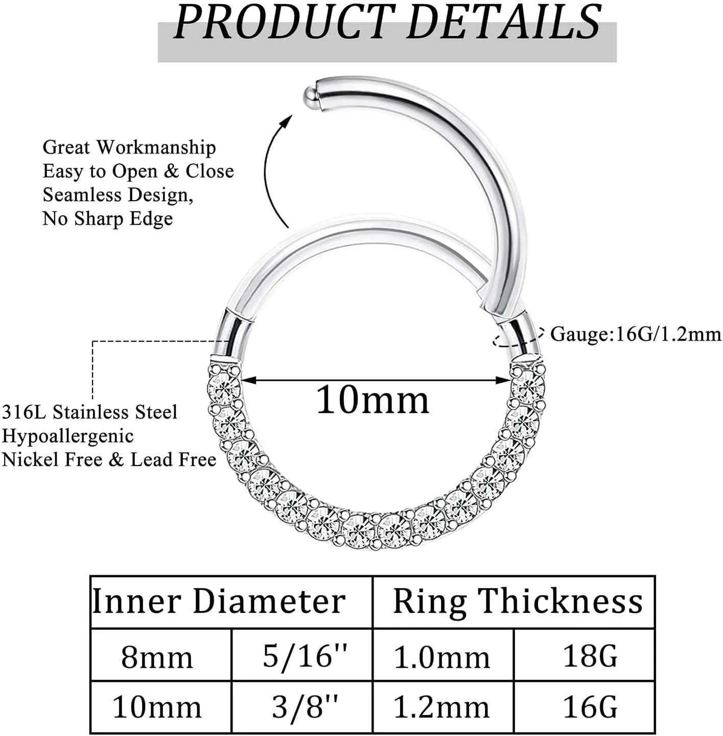 Jstyle 6Pcs 16G 18G Septum Rings Surgical Steel Nose Rings Hoop for Women Opal CZ Daith Cartilage Hoop Earring Clicker Septum Jewelry Hinged Hoop Nose Ring Lip Helix Rook Tragus Piercing Jewelry