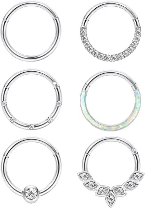 Jstyle 6Pcs 16G 18G Septum Rings Surgical Steel Nose Rings Hoop for Women Opal CZ Daith Cartilage Hoop Earring Clicker Septum Jewelry Hinged Hoop Nose Ring Lip Helix Rook Tragus Piercing Jewelry