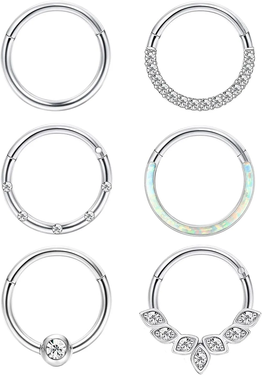Jstyle 6Pcs 16G 18G Septum Rings Surgical Steel Nose Rings Hoop for Women Opal CZ Daith Cartilage Hoop Earring Clicker Septum Jewelry Hinged Hoop Nose Ring Lip Helix Rook Tragus Piercing Jewelry