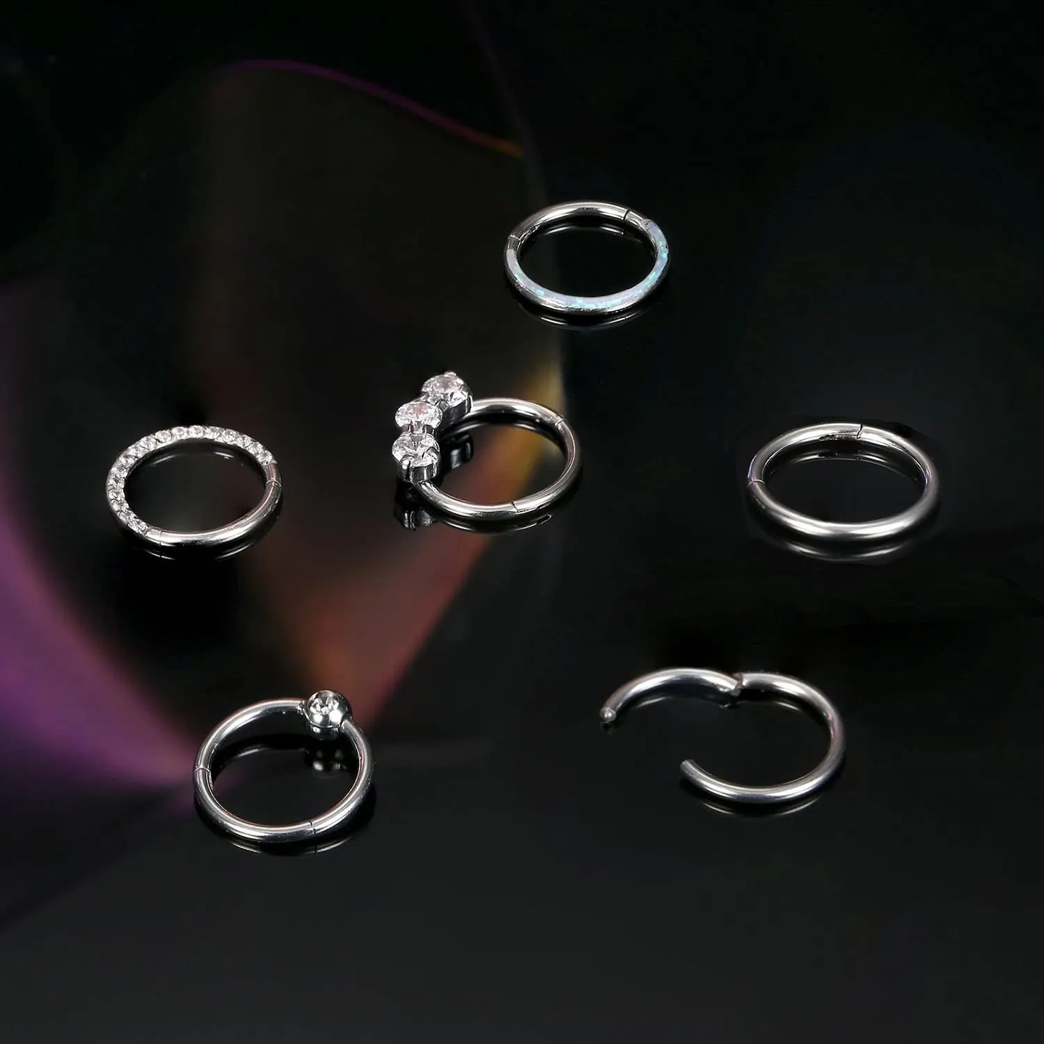Jstyle 6Pcs 16G 18G Septum Rings Surgical Steel Nose Rings Hoop for Women Opal CZ Daith Cartilage Hoop Earring Clicker Septum Jewelry Hinged Hoop Nose Ring Lip Helix Rook Tragus Piercing Jewelry