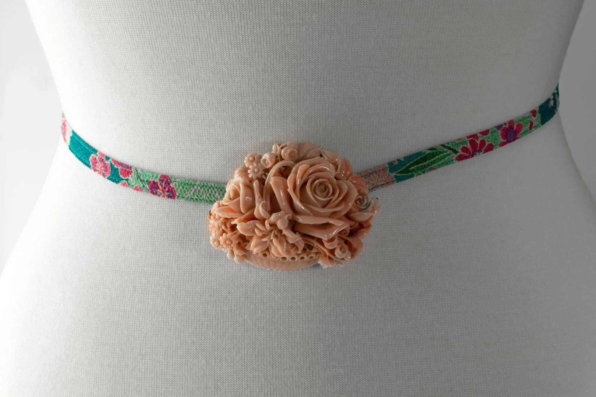 Mediterranean Angeskin Coral, Japanese Obidome sash ornament/belt buckle flower basket. j-pdja763sbk