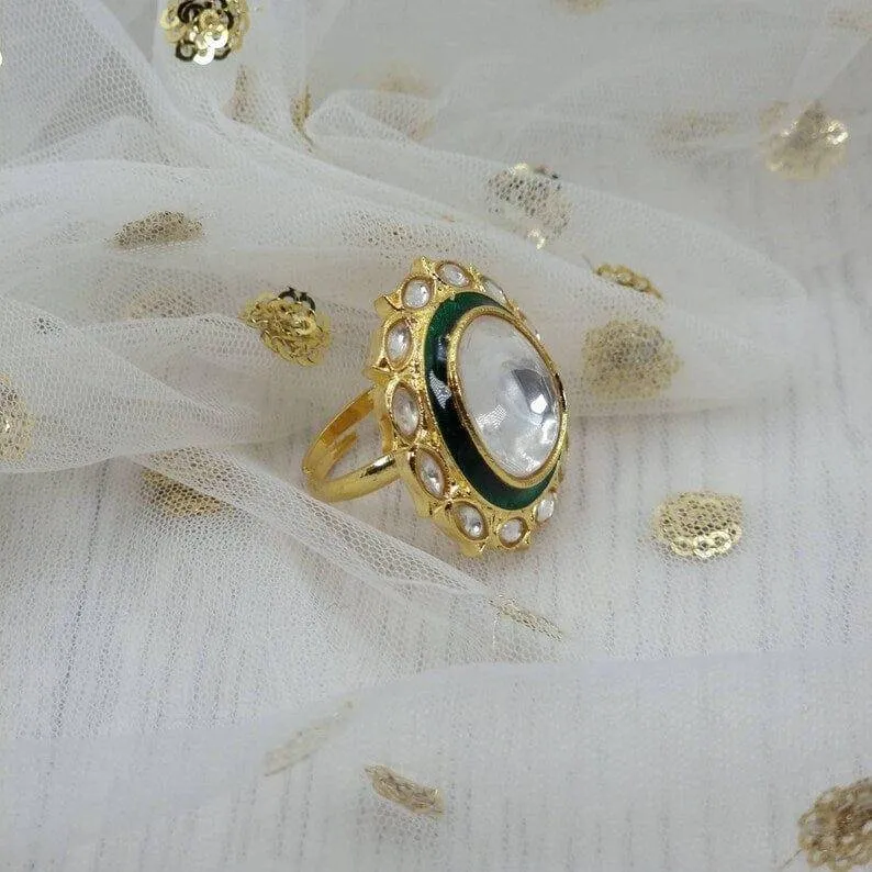 Meera Kundan Statement Ring - Green