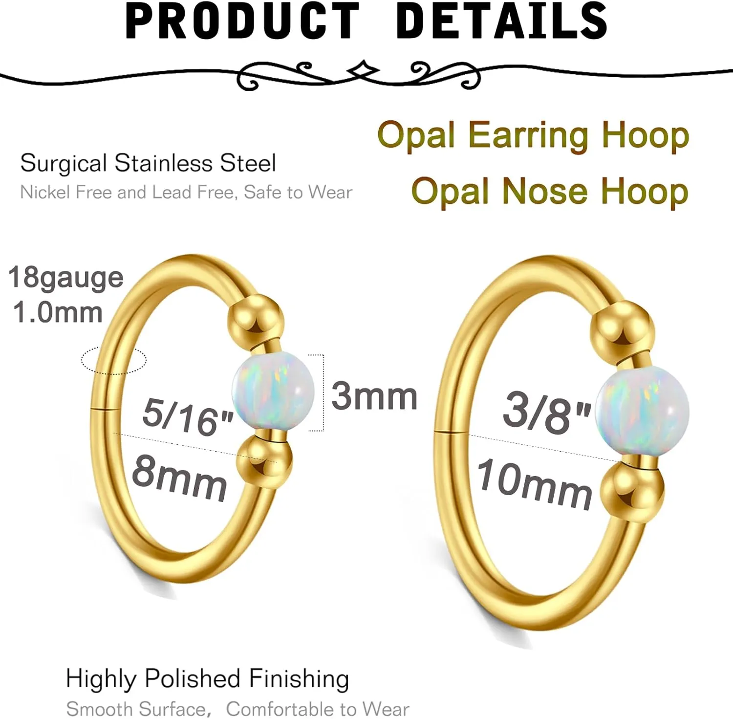 MODRSA 18g Nose Ring Opal Nose Ring Opal Nose Stud L Shaped Opal Nose Hoop Clicker Silver Gold Nose Rings for Women Cartilage Hoop Earring Cartilage Hoop Helix Hoop Earring White Daith Earring Hoop